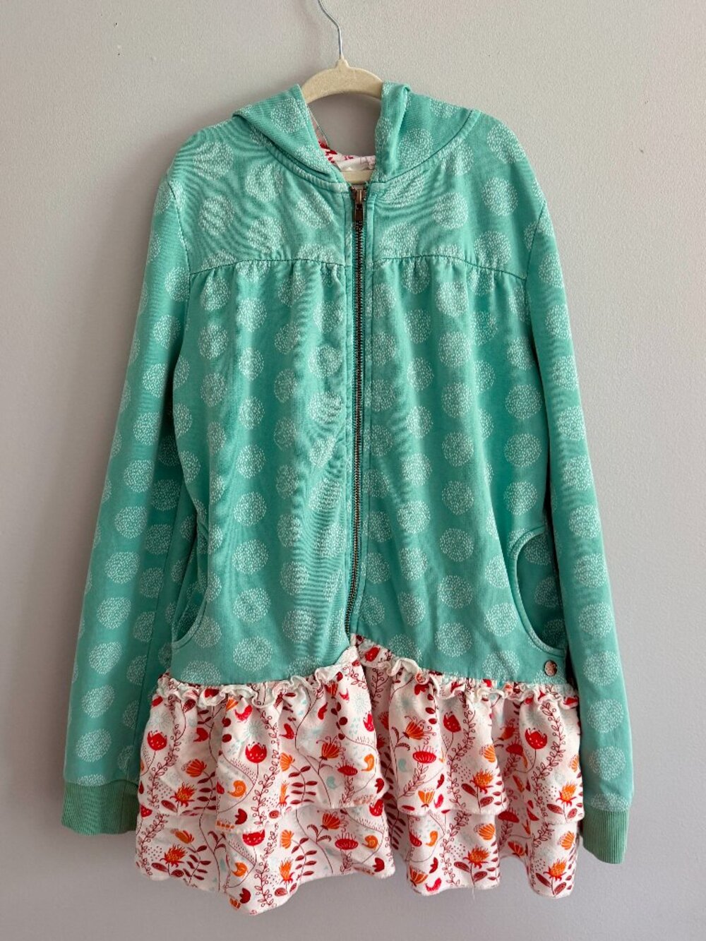 435 by Matilda Jane Hansel Zip Hoodie Jacket Girls Size 12 Aqua Floral Ruffle